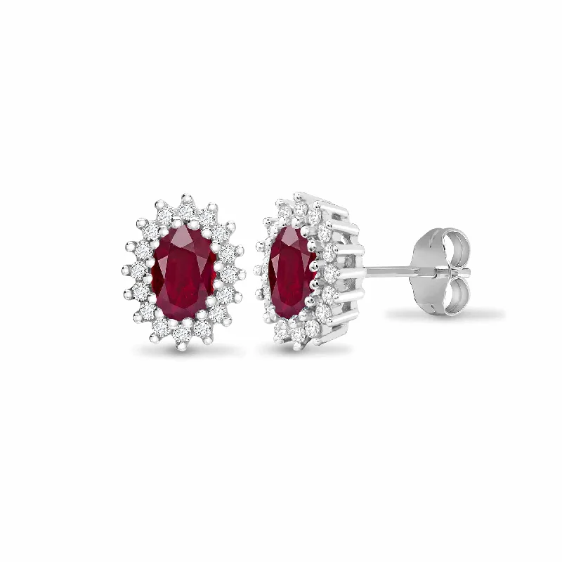 Ladies birthstone earrings-RUBY HALO STUD EARRINGS IN 9K WHITE GOLD