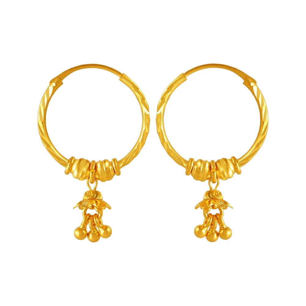 Ladies floral stud earrings-22KT (916) Yellow Gold Floral Hoop Jhumka Earrings