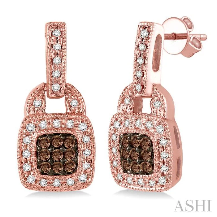 Ladies butterfly earrings-1/3 Ctw Round Cut White and Champagne Brown Diamond Earrings in 10K Rose Gold