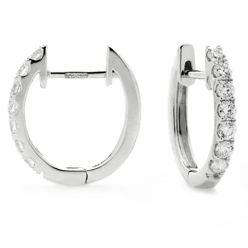 Ladies round diamond earrings-DIAMOND CLAW SET HOOP EARRINGS IN 18K WHITE GOLD