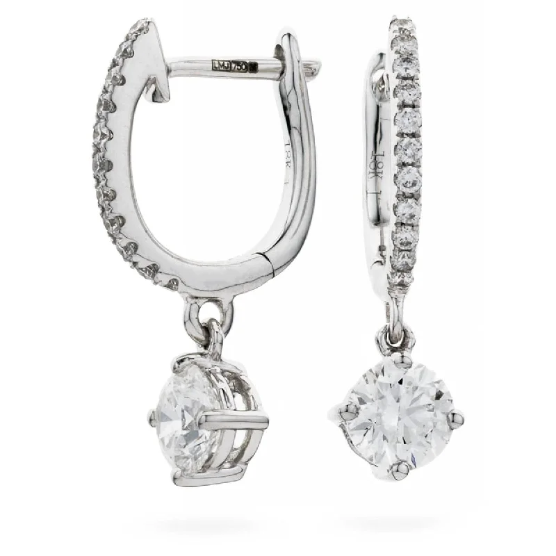 Ladies silver drop earrings-SOLITAIRE DIAMOND DROP EARRING IN 18K WHITE GOLD