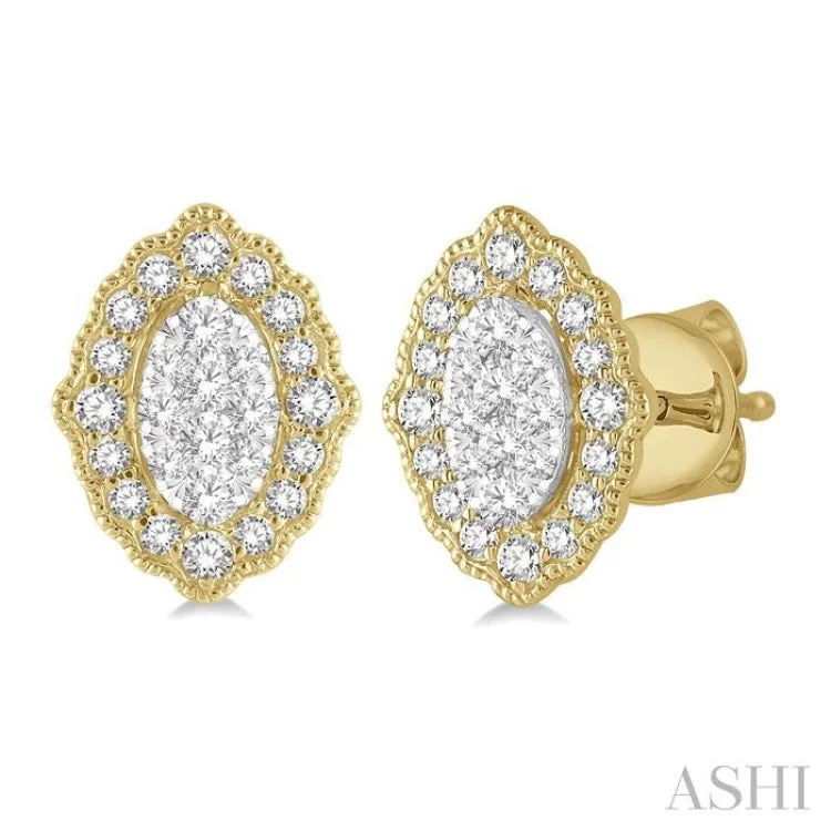 Ladies 3-stone earrings-1/4 ctw Lattice Edge Oval Shape Lovebright Round Cut Diamond Earrings in 14K Yellow and White Gold