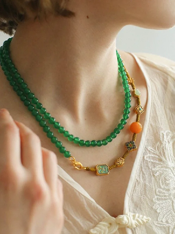 Ladies gold bar necklace-Multi-element Green Onyx Long Detachable Necklace