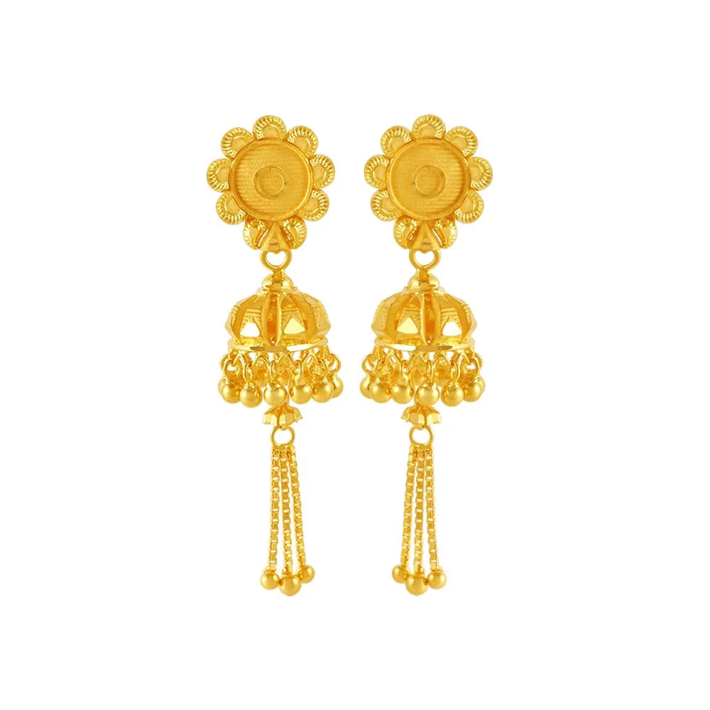 Ladies gold hoop earrings-22KT (916) Yellow Gold Jhumka Earrings With Chain Tassels