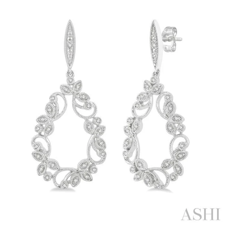 Ladies birthstone earrings-1/5 Ctw Drop Shape Triple Leaf Pattern Round Cut Diamond Earring in 10K White Gold