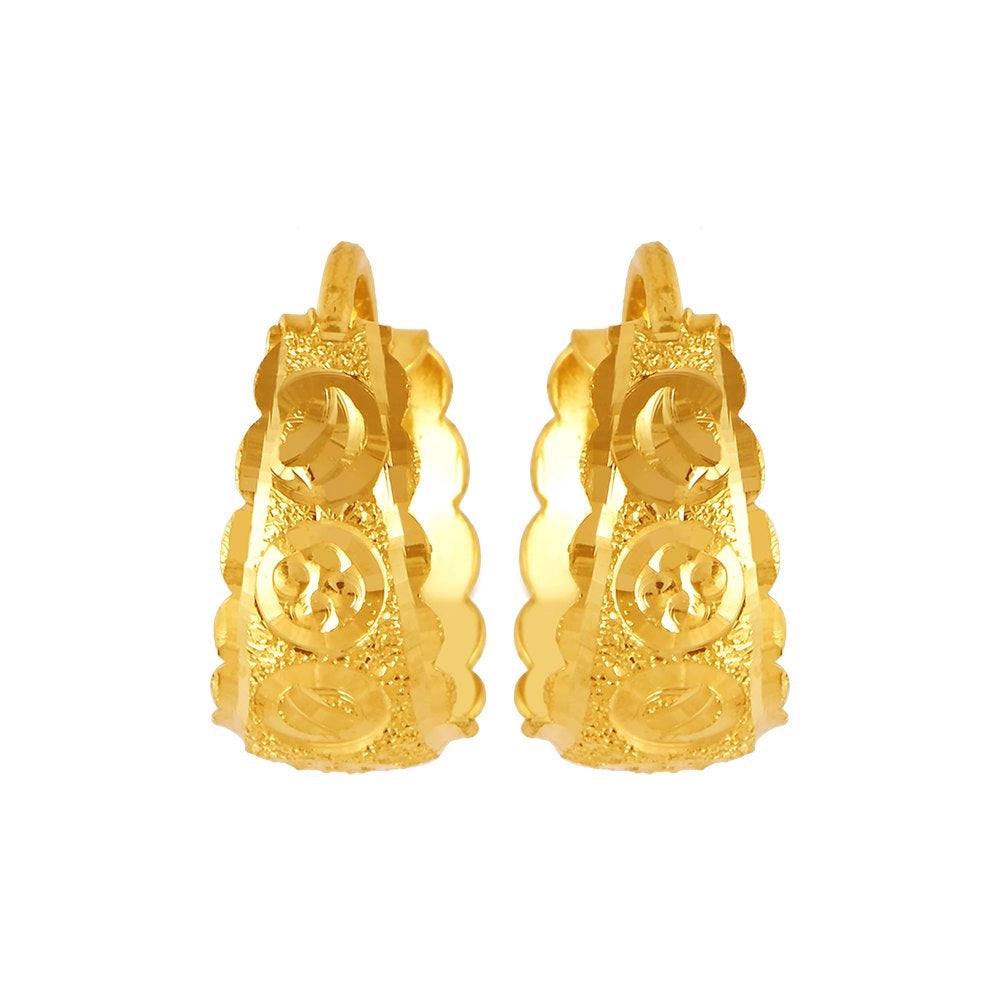 Ladies glamorous diamond earrings-22KT (916) Yellow Gold Floral Motif Hoop Earrings With An Elegant Carved Design