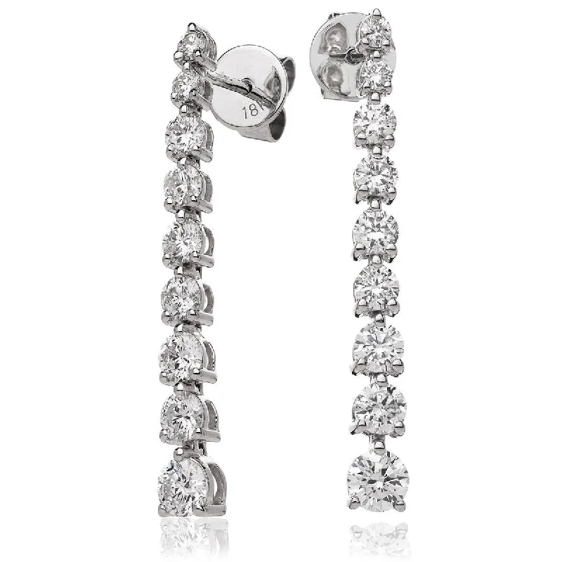 Ladies dangly hoop earrings-DIAMOND THREE CLAW SETTING DROP EARRINGS IN 18K WHITE GOLD