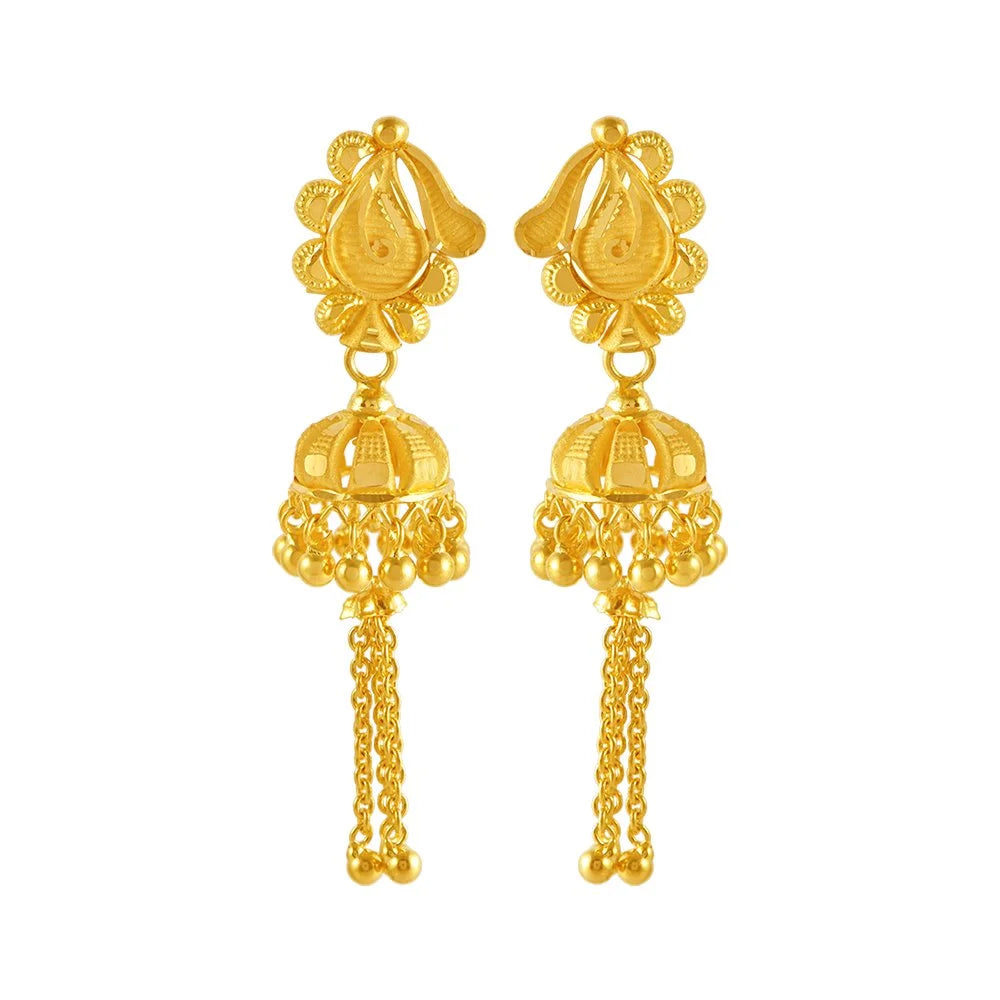 Ladies boho earrings-22KT (916) Yellow Gold Jhumka Earrings With Swinging Beaded Chains