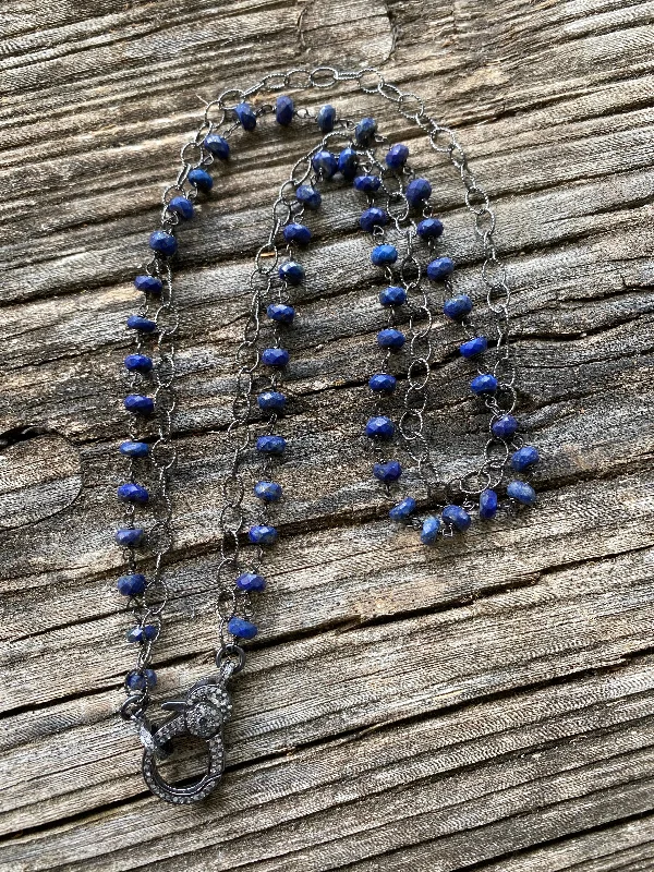 Ladies custom necklace design-Double Strand Sterling Silver and Lapis Beaded Necklace with Pave Diamond Clasp