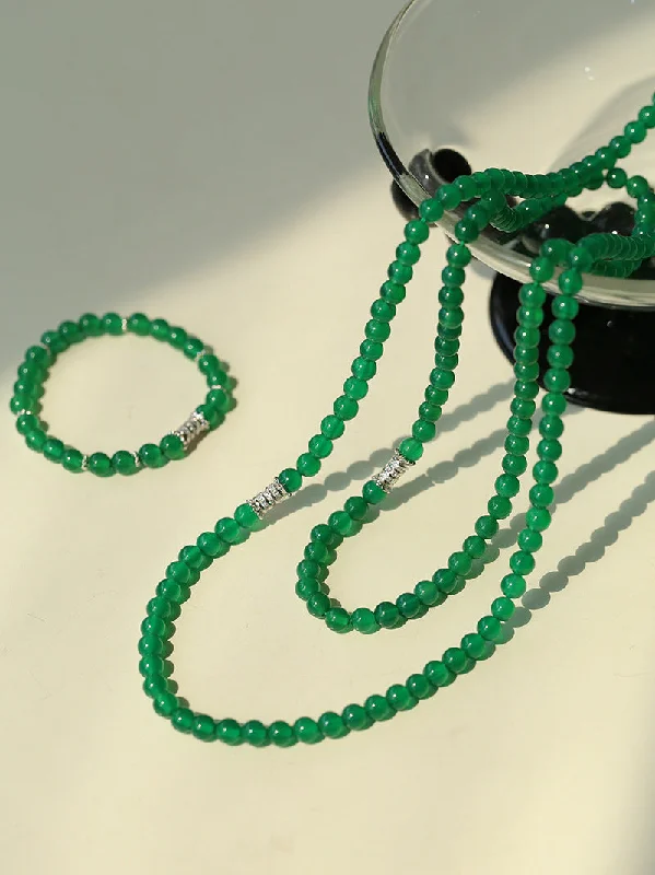 Ladies pendant chain necklace-Elastic Necklace with Zirconia and Green Onyx Beads