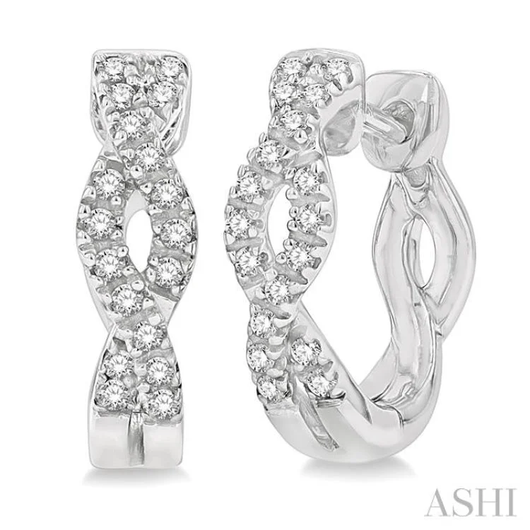 Ladies heart-shaped earrings-1/6 Ctw Entwined Round Cut Diamond Huggie Earrings in 10K White Gold