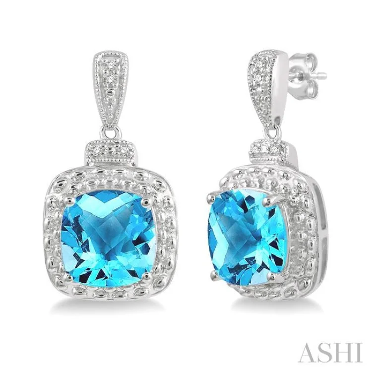 Ladies 3-stone earrings-1/50 Ctw Round Cut Diamond & 8x8MM Cushion Cut Blue Topaz Semi Precious Earring in Sterling Silver