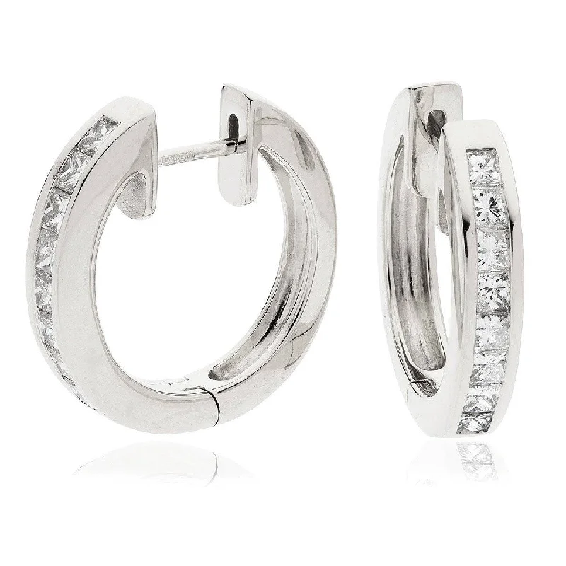 Ladies cubic zirconia stud earrings-PRINCESS CUT DIAMOND CHANNEL SETTING HOOP EARRINGS IN 18K WHIE GOLD