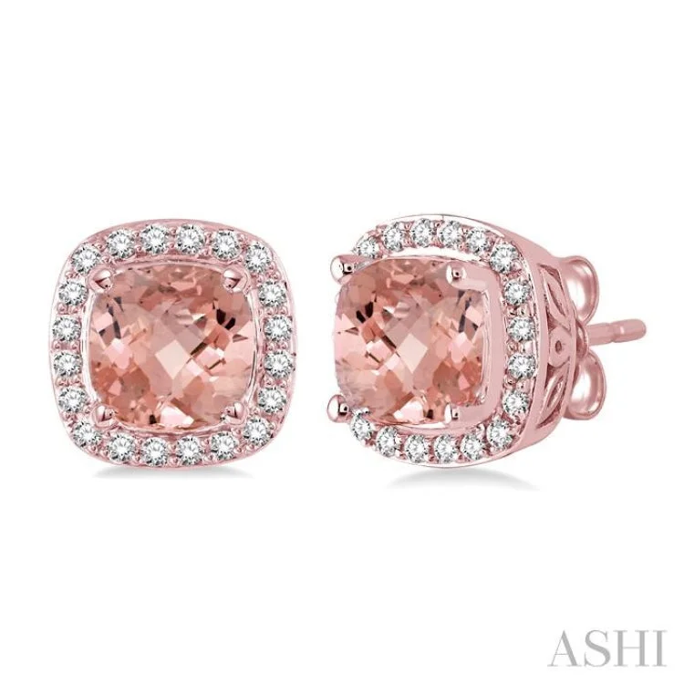 Ladies pearl earrings-6x6 mm Cushion Cut Morganite and 1/4 Ctw Round Cut Diamond Earrings in 14K Rose Gold