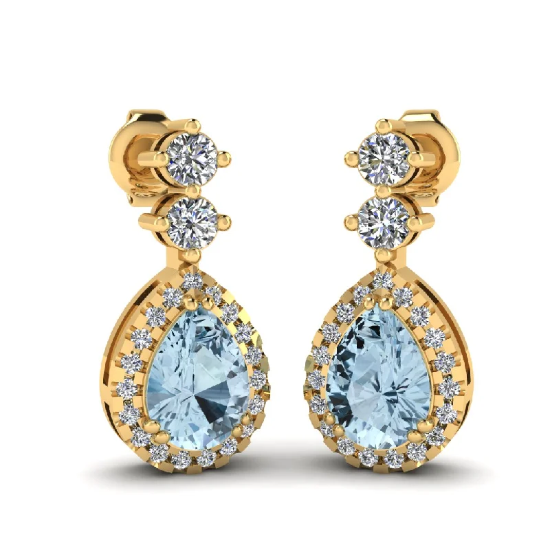 Ladies sophisticated earrings-Aquamarine 1.30 Carat Pear Shape Halo Lab Grown Diamond Drop Earrings E1PSA