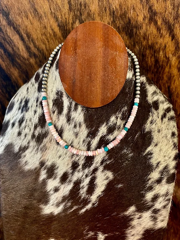 Ladies precious gemstone necklace-Navajo Pearl with Pink Conch and Turquoise