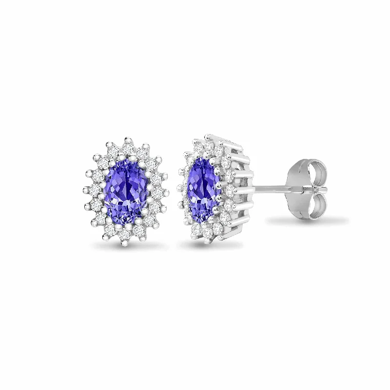 Ladies statement stud earrings-TANZANITE HALO STUD EARRINGS IN 9K WHITE GOLD