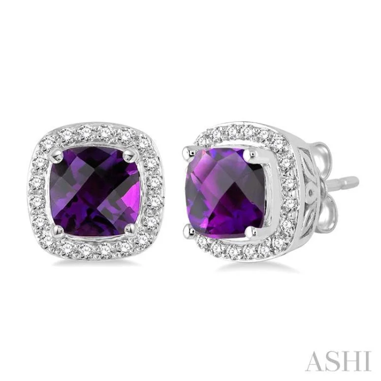 Ladies delicate drop earrings-6x6 mm Cushion Cut Amethyst and 1/4 Ctw Round Cut Diamond Earrings in 14K White Gold