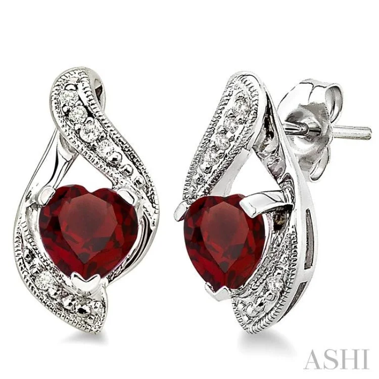 Ladies birthstone earrings-6x6MM Heart Shape Garnet and 1/20 Ctw Single Cut Diamond Earrings in Sterling Silver