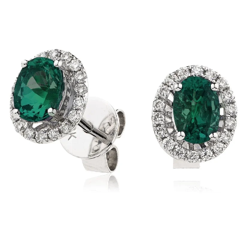 Ladies pearl earrings-EMERALD HALO STUD EARRINGS