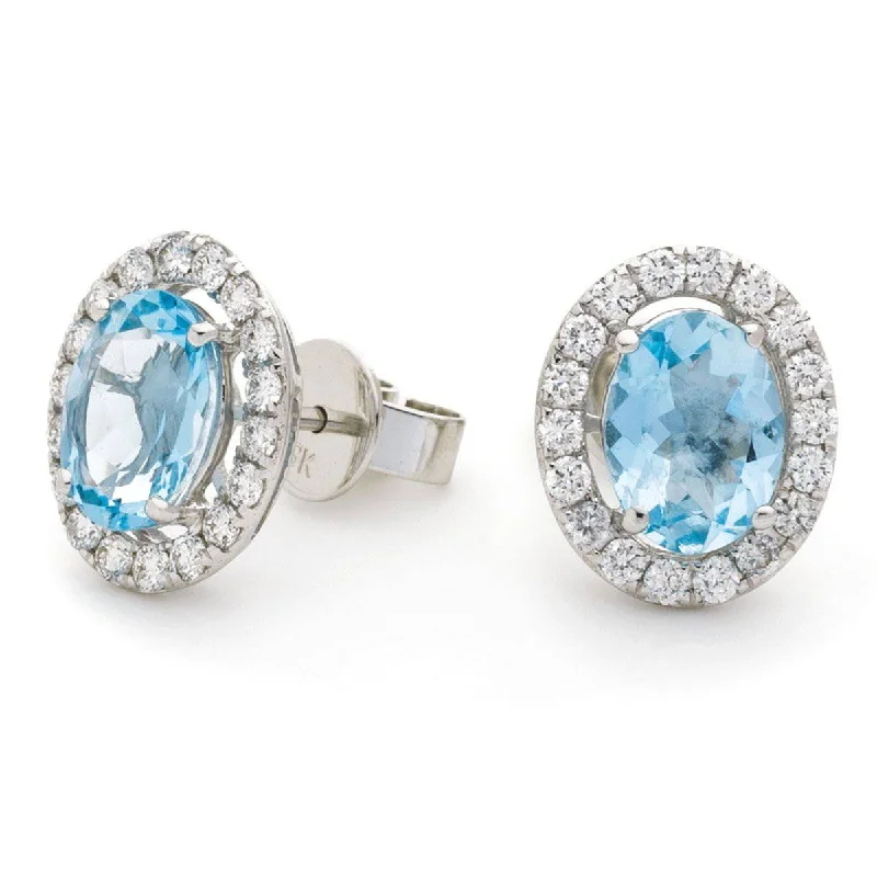 Ladies gold dangle earrings-AQUAMARINE HALO STUD EARRINGS