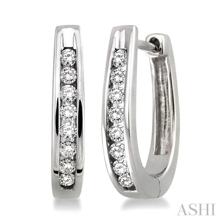 Ladies gemstone drop earrings-1/4 Ctw Round Cut Diamond Hoop Earrings in 14K White Gold