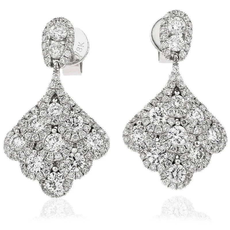 Ladies hoop earrings-DIAMOND CLUSTER PEACOCK DROP EARRINGS IN 18K WHITE GOLD