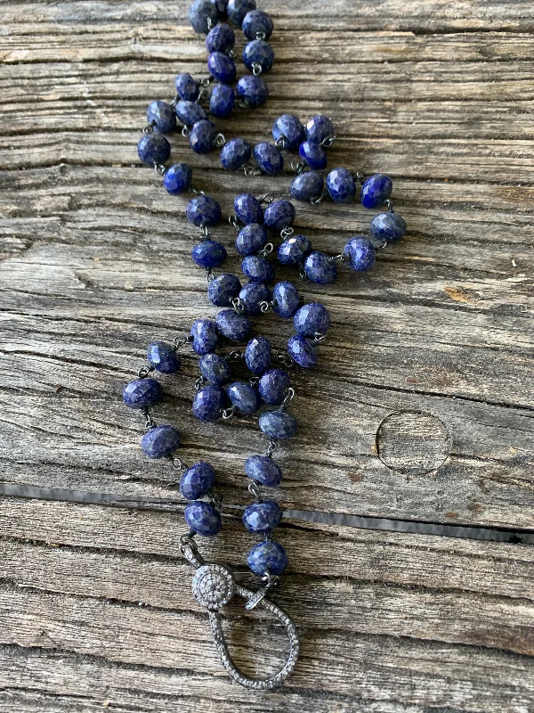 Ladies adjustable necklace-Lapis Beaded Necklace with Pave Diamond Clasp