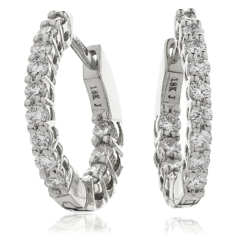 Ladies heart-shaped gold earrings-DIAMOND CLAW SETTING HOOP EARRINGS IN 18K WHITE GOLD