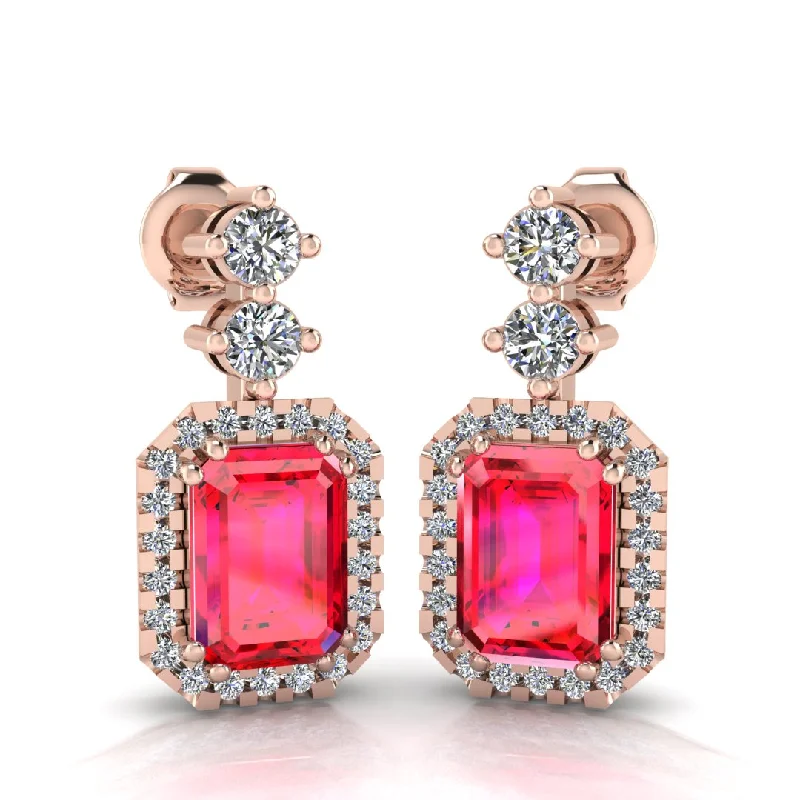 Ladies personalized stud earrings-Emerald Cut 1 Carat Ruby Lab Grown Diamond Halo Drop Earrings E1ECR