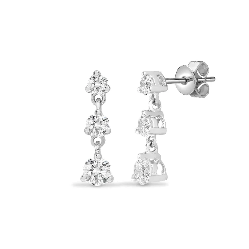 Ladies classic gold earrings-DIAMOND THREE CLAW DROP EARRINGS IN 18K WHITE GOLD