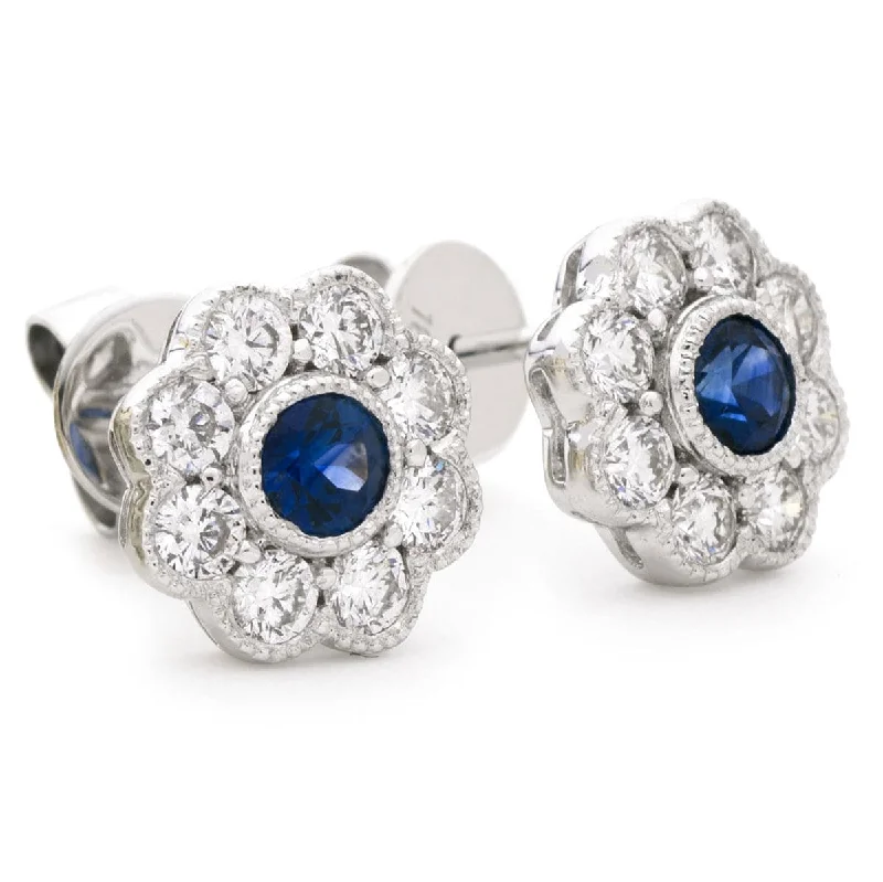 Ladies floral stud earrings-SAPPHIRE FLOWER HALO STUD EARRINGS