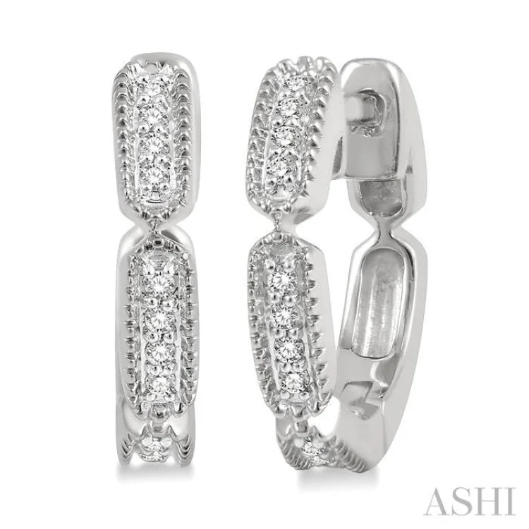 Ladies clip-on diamond earrings-1/10 Ctw Lattice Long Hexagonal Pod Round Cut Diamond Huggie Earrings in 10K White Gold