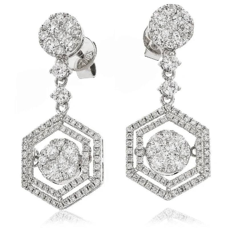 Ladies engraved earrings-DIAMOND FANCY MOVEABLE EARRINGS IN 18K WHITE GOLD