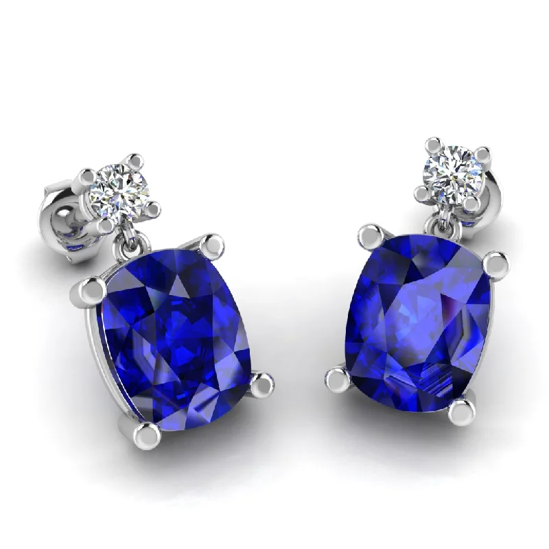 Ladies butterfly earrings-Cushion Shape Sapphire Natural Diamond Drop Earrings EDCCS