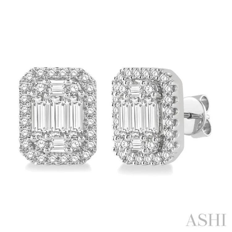 Ladies diamond teardrop earrings-1 Ctw Octagonal Baguette & Round Cut Diamond Stud Earrings in 14K White Gold