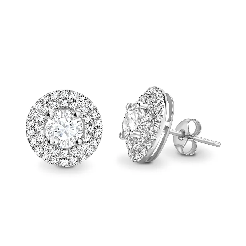 Ladies bold earrings-ROUND DIAMOND DOUBLE HALO STUD EARRINGS