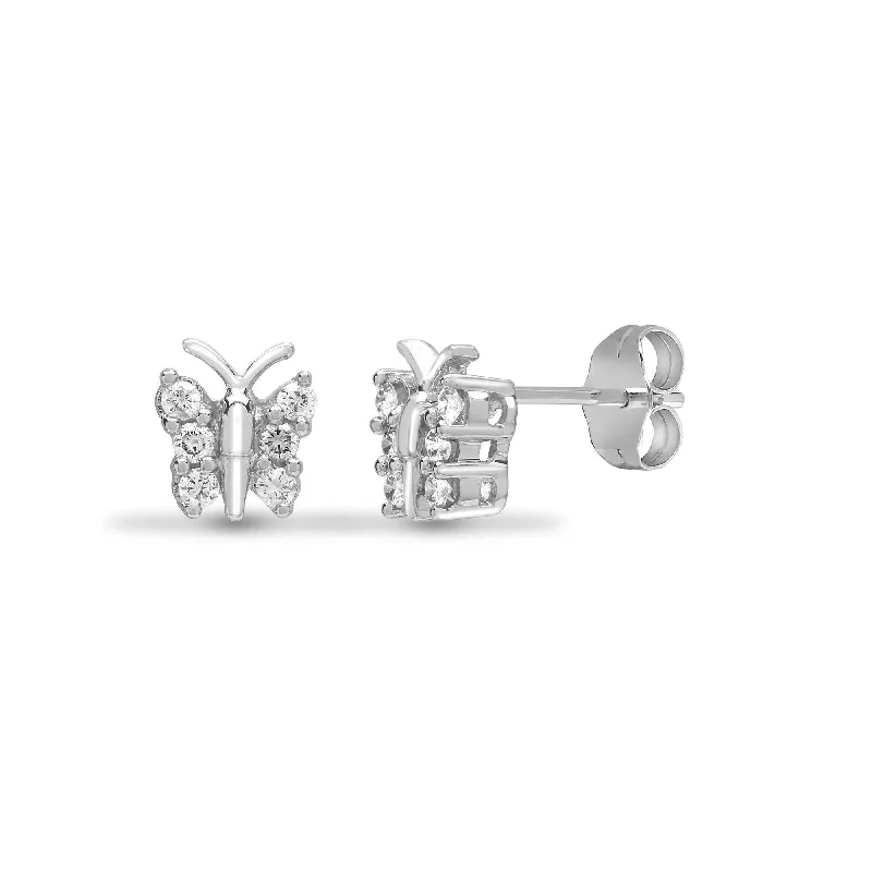 Ladies wedding earrings-DIAMOND BUTTERFLY STUD EARRINGS IN 9K WHITE GOLD