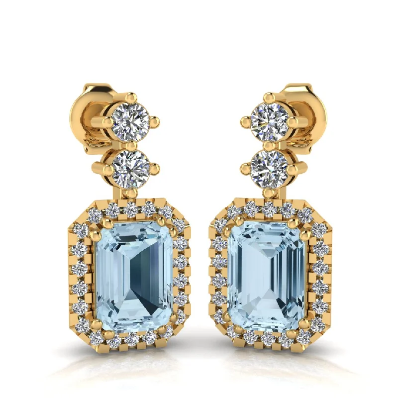 Ladies custom design earrings-Emerald Cut 1 Carat Aquamarine Natural Diamond Halo Drop Earrings E1ECA