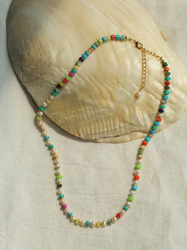 Ladies fine diamond necklace-Dopamine-Colored Natural Stone and Pearl Beaded Necklace