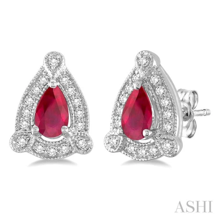 Ladies gold hoop earrings-5x3 mm Pear Shape Ruby and 1/6 Ctw Round Cut Diamond Earrings in 14K White Gold