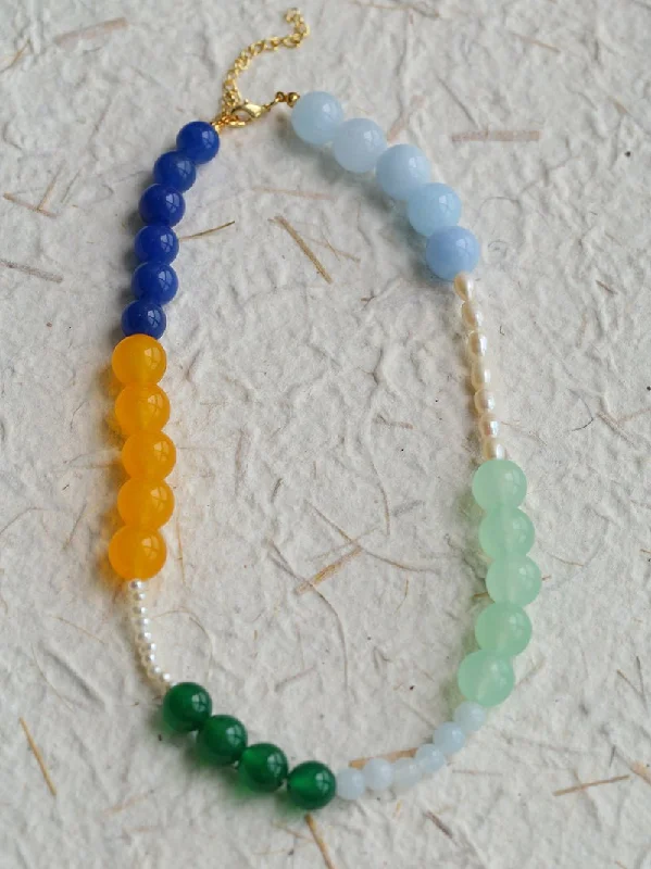 Ladies chic necklace-Pearl and Multicolored Gemstone Beaded Necklace-Yellow Blue Green Necklace