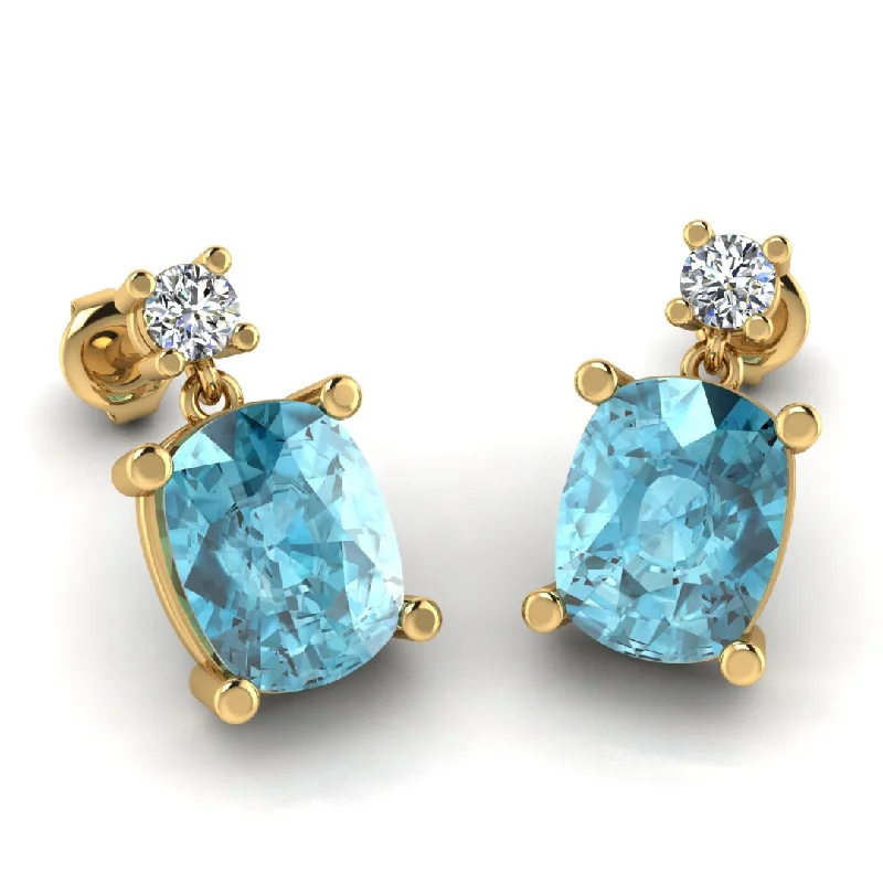 Ladies gold dangle earrings-Cushion Shape Aquamarine Natural Diamond Drop Earrings EDCCA