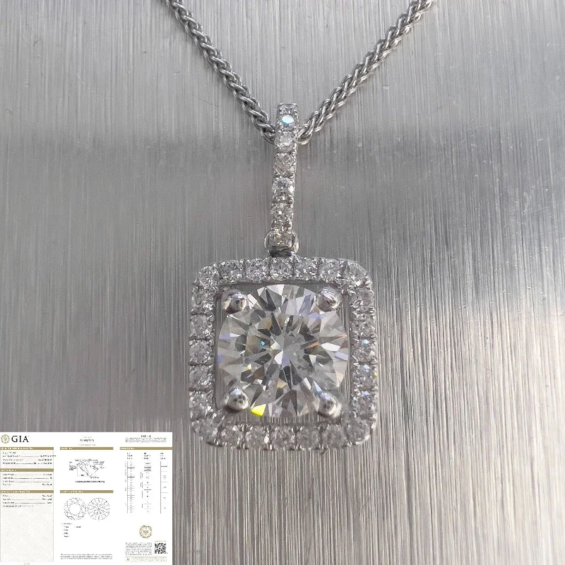 Ladies infinity necklace-14k White Gold GIA Diamond Square Halo Cluster Pendant Necklace 1.61ctw 16"