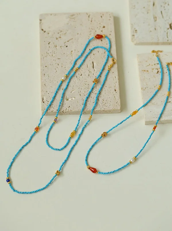 Ladies wedding necklace set-Blue Turquoise Red Onyx Multi-element Beaded Necklace