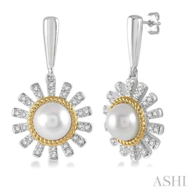 Ladies clip-on earrings-1/5 Ctw Sunflower 6x6MM Cultured Pearls & Round Cut Diamond Earring in 10K White and Yellow Gold