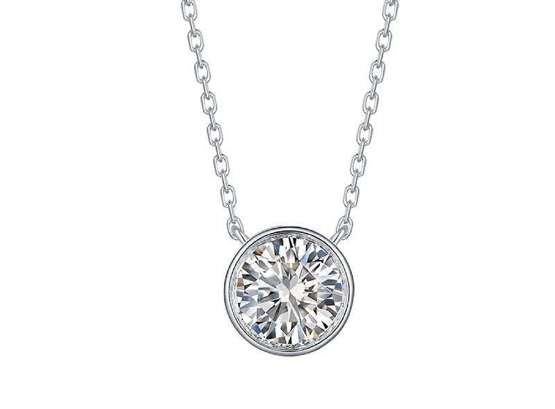 Ladies statement necklace-Bezel set round Diamond solitaire pendant