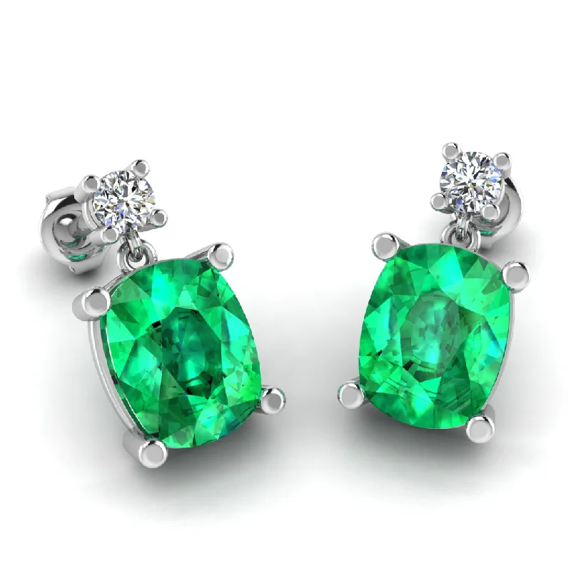 Ladies rainbow gemstone earrings-Cushion Shape Emerald Natural Diamond Drop Earrings EDCCE