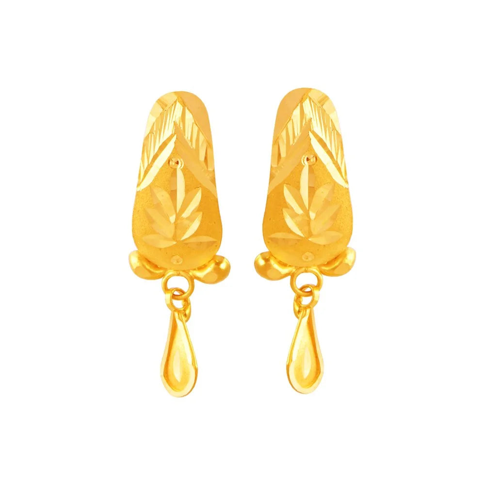 Ladies delicate drop earrings-22KT (916) Yellow Gold Stud Earrings With Artistic Floral Motifs