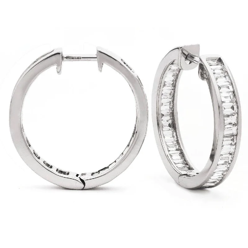 Ladies aquamarine earrings-BAGUETTE CUT DIAMOND CHANNEL SETTING HOOP EARRINGS IN 18K WHITE GOLD